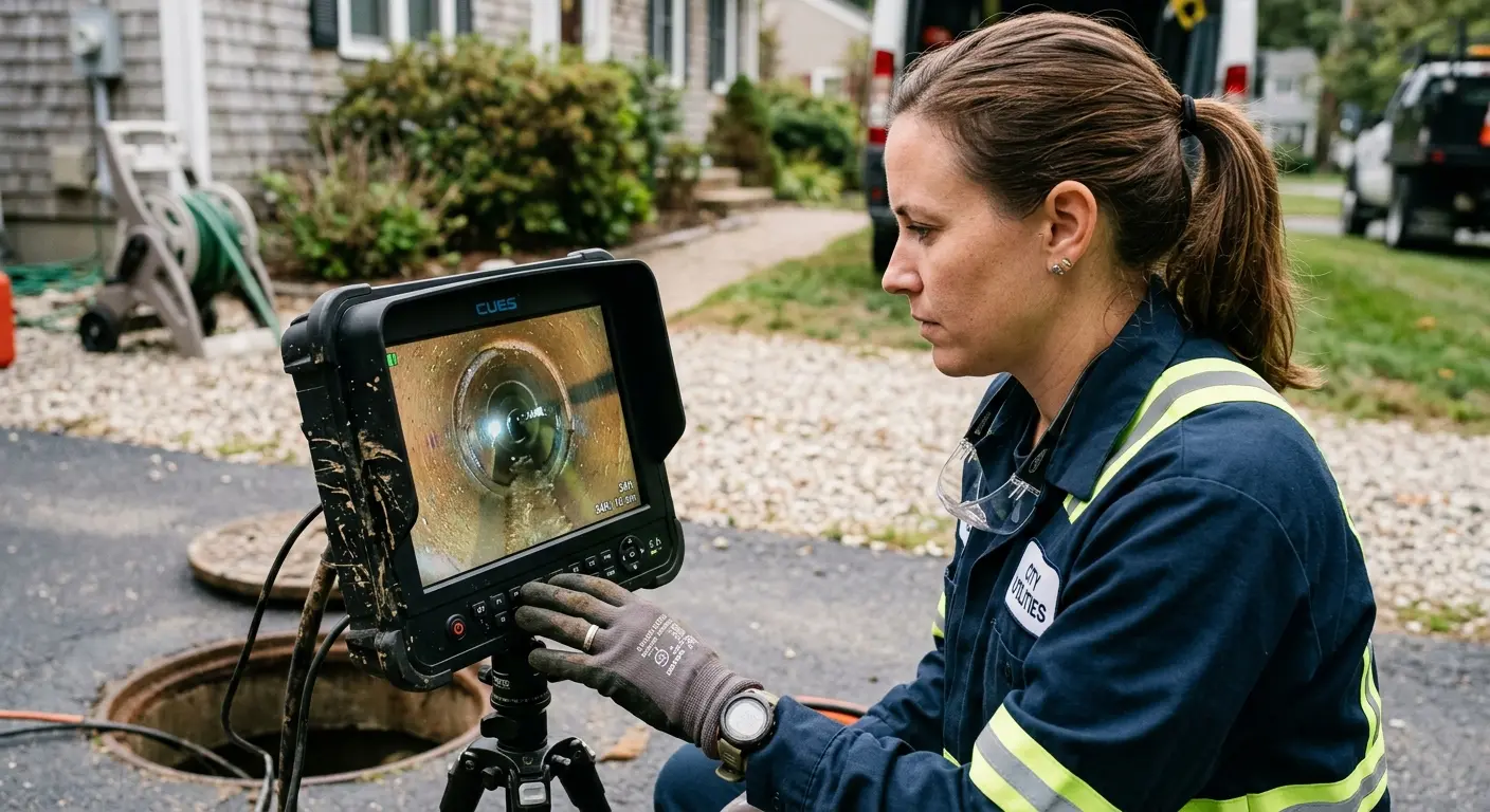 Technician reviewing sewer camera inspection footage in Westview