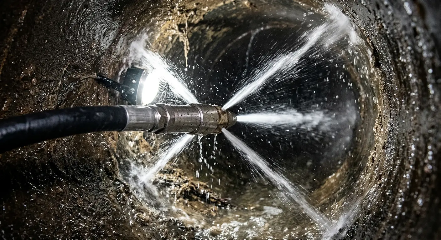High-pressure hydro jetting nozzle cleaning sewer pipe for Sewer Cleanout in Westview