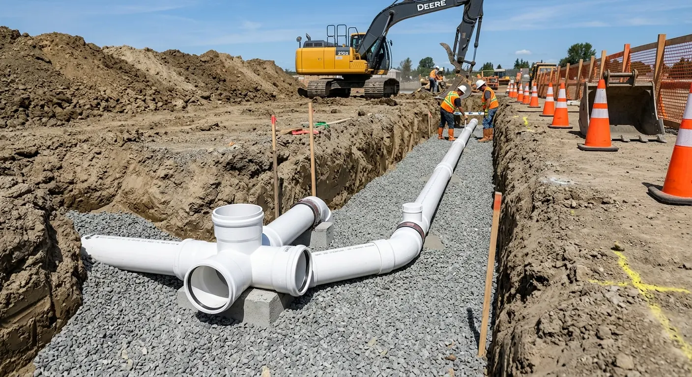 New PVC sewer pipe installation in open trench for Grease Trap Cleaning in Westview