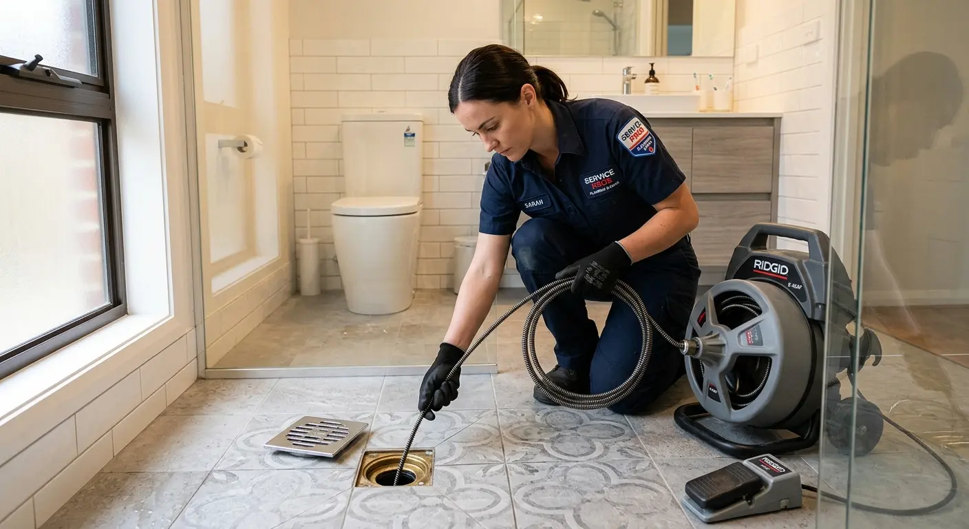 Technician clearing a bathroom floor drain for Drain Repair in Westview
